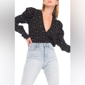 AFRM Danna Puff Long Sleeve Bodysuit In Noir Fall Ditsy Floral Black Wrap Top